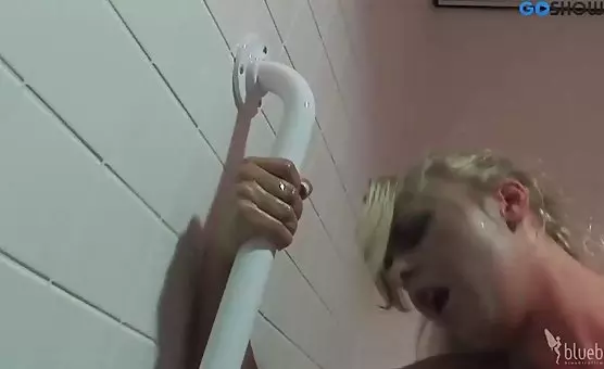 Kinky blonde fucked on bathroom sink by dudes with bottles, sucking and licking